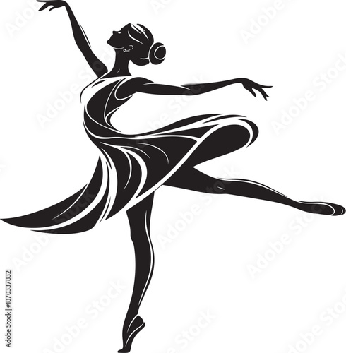 Female Dancer Ballet Sillhouette Hand-drawn Sketch Drawing Vector Illustration, Line Linear Symbol Engraving Coloring Book, Black and White Isolated