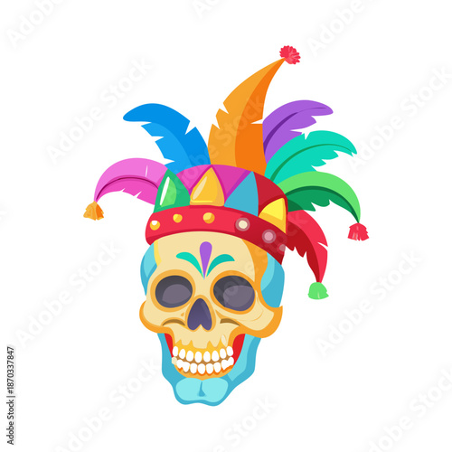 Colorful skull with jester hat and vibrant feathers representing festive celebration