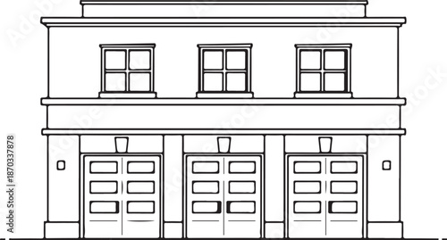Fire station Building Hand-drawn Sketch Drawing Vector Illustration, Line Linear Symbol Engraving Coloring Book, Black and White Isolated