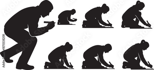 Man in various kneeling and praying positions silhouettes