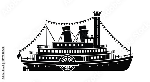 Vintage river steamboat with detailed features and festive bunting a striking silhouette