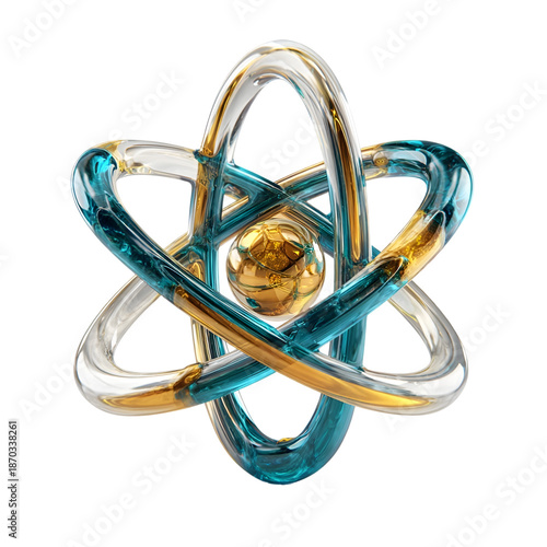 3D stylized atom model with golden nucleus and blue-gold electron orbits, futuristic atomic structure concept on black background, scientific illustration