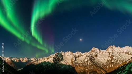 Vibrant green aurora borealis dancing over snow-capped mountains