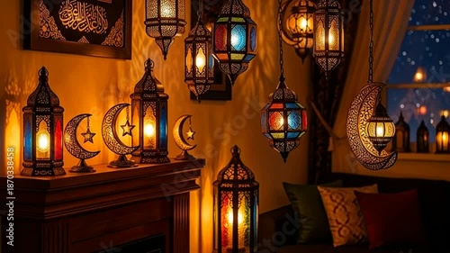 Cozy room with colorful hanging lanterns and crescent moon decorations