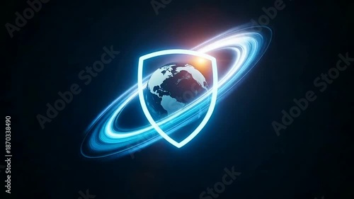Global cybersecurity shield protecting Earth with glowing blue rings