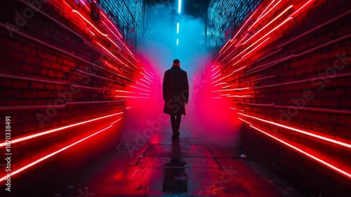 Man walks through neon lit alleyway at night