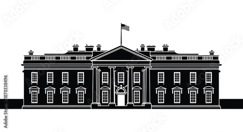 A striking black and white depiction of the white house building a powerful silhouette