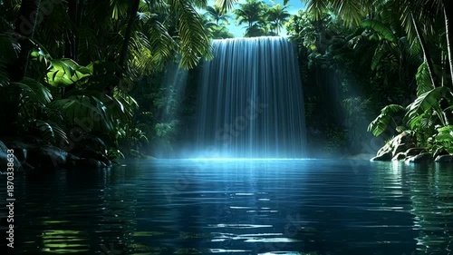 Serene tropical waterfall cascading into tranquil pool surrounded by lush greenery