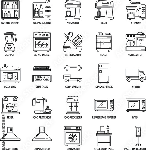 Professional labeled line icons of kitchen appliances home electronics and household equipment set.