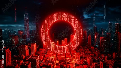 Glowing red circle with code streams over futuristic cityscape at night