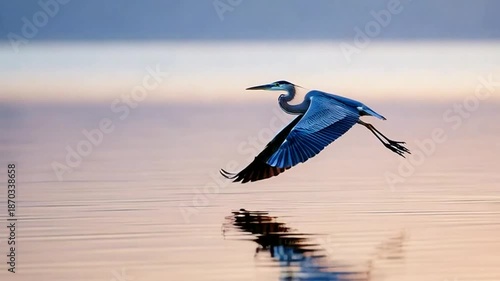 Majestic heron flying low over serene water at sunset
