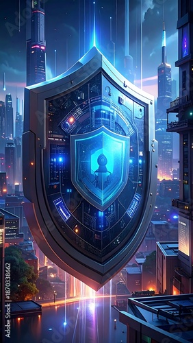 Illuminated shield floats above a modern metropolis with blue light trails