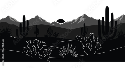 Desert landscape with mountains cacti and a setting sun a striking silhouette