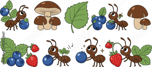 Cute Ant Character Collection with Berries Leaves and Mushrooms Cartoon Nature Food Vector Illustration Set