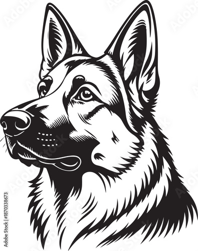 German Shepherd Dog Head Portrait Hand-drawn Sketch Drawing Vector Illustration, Line Linear Symbol Engraving Coloring Book, Black and White Isolated