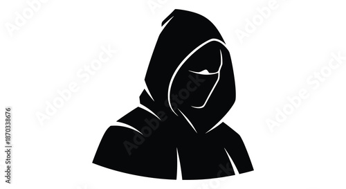 A dark hooded figure with a partially obscured face a striking black silhouette