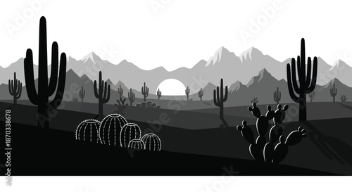 Desert landscape with cacti and mountains under a setting sun a striking silhouette