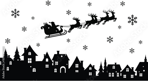 santa claus and reindeer flying over a winter village a striking black silhouette