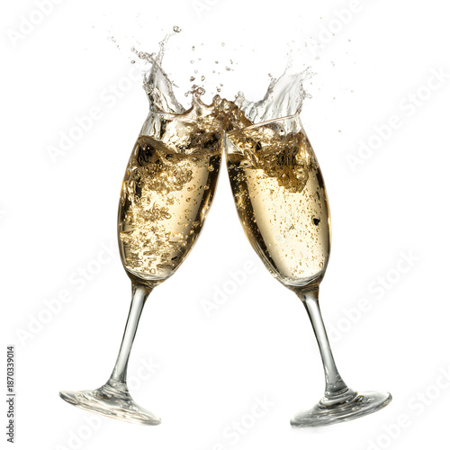 Two champagne flutes clinking in celebratory toast with dramatic splash and bubbles, festive sparkling wine moment on black background, close-up vertical