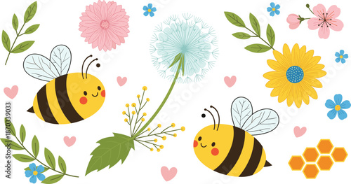 Cute Bee and Flower Spring Collection with Honeycomb Leaves and Hearts Cartoon Nature Vector Illustration Set
