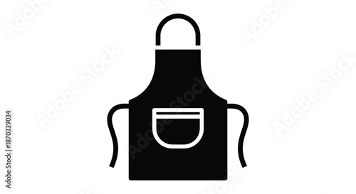 A simple black apron icon featuring a pocket and ties presented as a silhouette