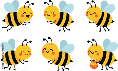 Cute Bee Character Set Flying Smiling and Holding Honey Cartoon Insect Vector Illustration Collection