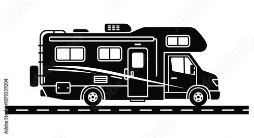 A black and white rv camper van on a road detailed graphic silhouette