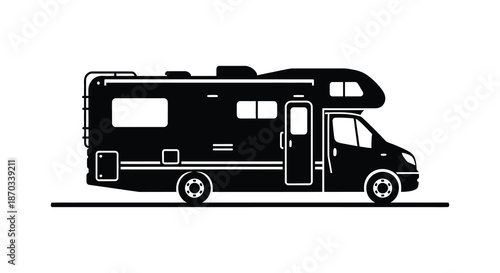 A detailed black and white outline of a recreational vehicle for travel and adventure silhouette