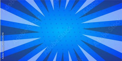 Blue Pop Art Comic Background with Radial Sunburst and Halftone Pattern