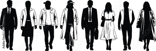 Business people walking silhouettes collection, men and women in formal and casual outfits, urban fashion style, black white vector illustration set