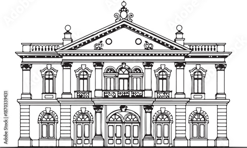 Opera house building architecture Hand-drawn Sketch Drawing Vector Illustration, Line Linear Symbol Engraving Coloring Book, Black and White Isolated