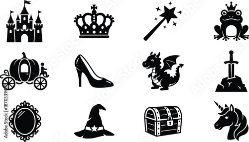 Fairytale and Fantasy Silhouette Set - Magic Castle, Unicorn, Dragon, Princess Carriage, and Witch Icons
