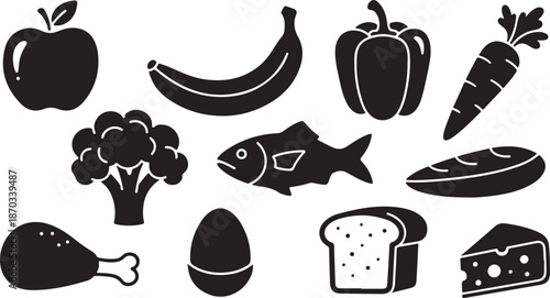 Variety of Food Icons in Black and White Silhouette
