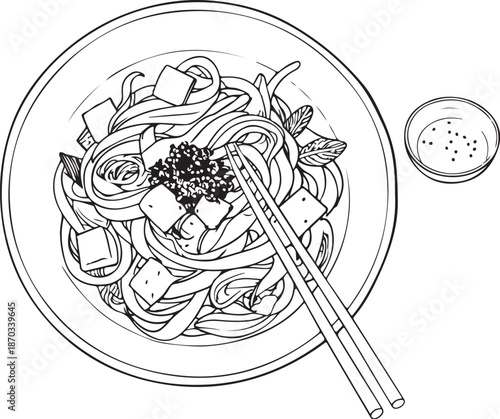 Pad see ew Thai Noodle Dish Hand-drawn Sketch Drawing Vector Illustration, Line Linear Symbol Engraving Coloring Book, Black and White Isolated