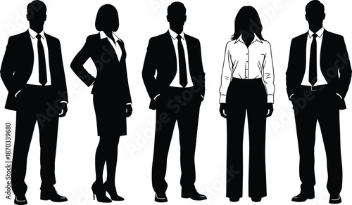 Business people silhouettes in formal suits standing together, professional corporate team concept, men and women office workers, black vector illustration isolated