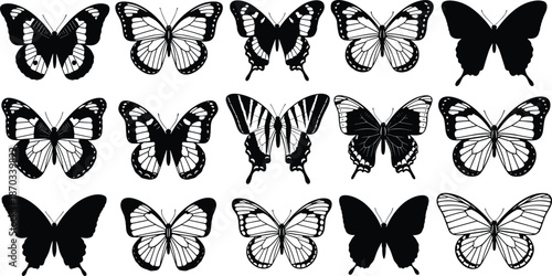 Butterfly silhouettes collection vector illustration, black and white butterfly wings designs set, nature insect symbols isolated on white background