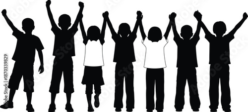 WebChildren holding hands silhouette vector illustration, diverse kids celebrating unity, teamwork, friendship, education concept, community support, happiness, isolated black figures