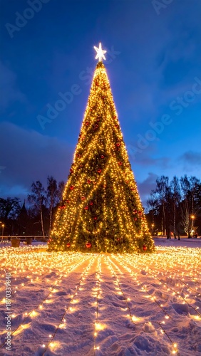 Illuminated Christmas tree in snow, star on top, at dusk. Vertical format