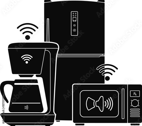 Black and white of smart home appliances with wifi coffee maker refrigerator