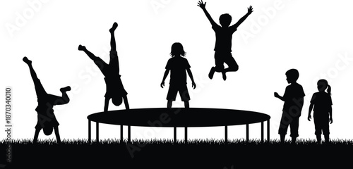 Children playing silhouettes on trampoline, happy kids jumping and exercising outdoors, fun activity poses, isolated black vector illustration on white background childhood concept