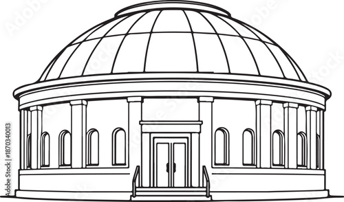 Building Types and Architecture - Planetarium Hand-drawn Sketch Drawing Vector Illustration, Line Linear Symbol Engraving Coloring Book, Black and White Isolated