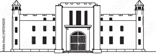 Prison Building Hand-drawn Sketch Drawing Vector Illustration, Line Linear Symbol Engraving Coloring Book, Black and White Isolated
