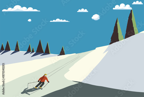 Carefree skier downhill skiing on sunny, remote mountain slope