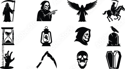 Grim Reaper and Death Silhouette Set - Angel of Death, Scythe, Skull, Coffin, and Graveyard Icons

