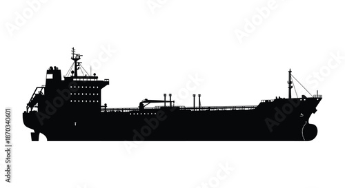 A striking black silhouette of a large oil tanker ship on a white background silhouette