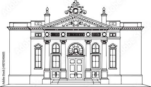 Theater Building City Architecture Hand-drawn Sketch Drawing Vector Illustration, Line Linear Symbol Engraving Coloring Book, Black and White Isolated
