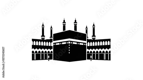 Black silhouette of a mosque with minarets and a large central cube building with islamic and architecture and religion and faith and worship