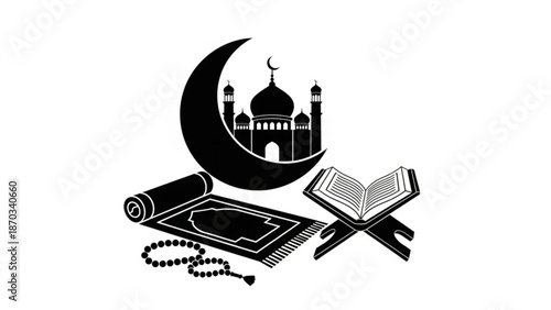 Black and white islamic symbol with mosque quran prayer mat and rosary on crescent moon background for ramadan or eid celebrations with culture