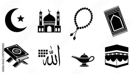 Islamic symbols and objects including mosque prayer mat rosary quran kaaba and lantern on white background with religion and faith and muslim