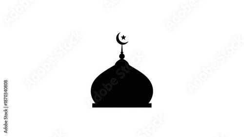 Black silhouette of a mosque dome with crescent moon and star on top against white background for islamic or religious designs with symbol and icon